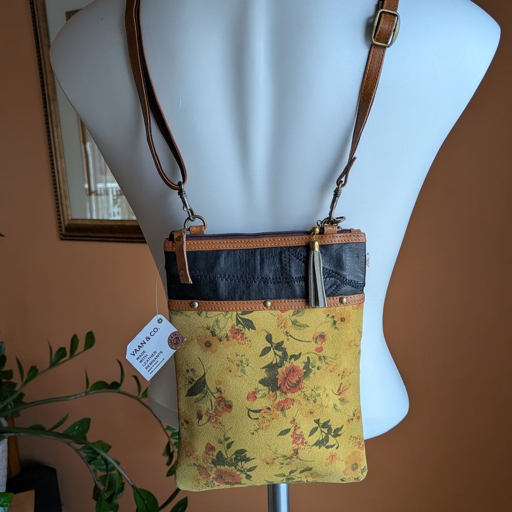 Yellow Floral Crossbody Bag with Brown Trim and Tassel 100% Leather - Picture 2 of 7